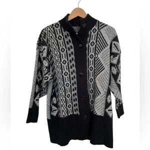 Vintage Grandpa Chunky Knit Button Cardigan Black Gray Size L